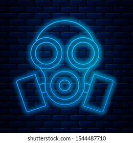 Glowing neon line Gas mask icon isolated on brick wall background. Respirator sign.  Vector Illustration