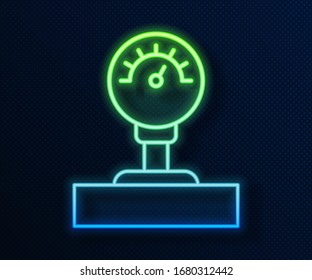 Glowing neon line Gauge scale icon isolated on blue background. Satisfaction, temperature, manometer, risk, rating, performance, speed tachometer.  Vector Illustration