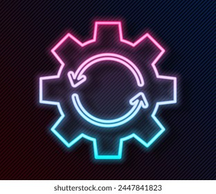 Glowing neon line Gear and arrows as workflow concept icon isolated on black background. Gear reload sign.  Vector Illustration