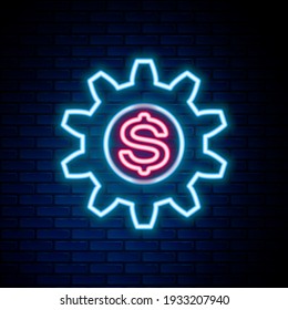 Glowing neon line Gear with dollar symbol icon isolated on brick wall background. Business and finance conceptual icon. Colorful outline concept. Vector