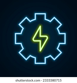 Glowing neon line Gear and lightning icon isolated on black background. Electric power. Lightning bolt sign. Colorful outline concept. Vector