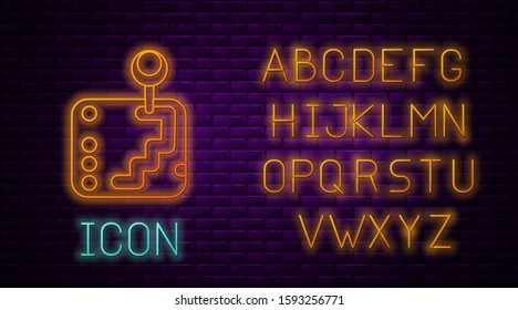 Glowing neon line Gear shifter icon isolated on brick wall background. Transmission icon. Neon light alphabet. Vector Illustration