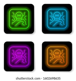 Glowing neon line Gear shifter icon isolated on white background. Transmission icon. Black square button. Vector Illustration