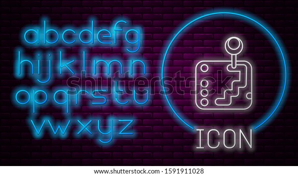 Glowing neon line Gear shifter icon isolated
on brick wall background. Transmission icon. Neon light alphabet.
Vector Illustration