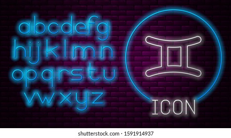 Glowing neon line Gemini zodiac sign icon isolated on brick wall background. Astrological horoscope collection. Neon light alphabet. Vector Illustration