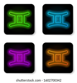 Glowing neon line Gemini zodiac sign icon isolated on white background. Astrological horoscope collection. Black square button. Vector Illustration