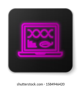 Glowing neon line Genetic engineering modification on laptop icon isolated on white background. DNA analysis, genetics testing, cloning. Black square button. Vector Illustration