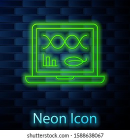 Glowing neon line Genetic engineering modification on laptop icon isolated on brick wall background. DNA analysis, genetics testing, cloning.  Vector Illustration