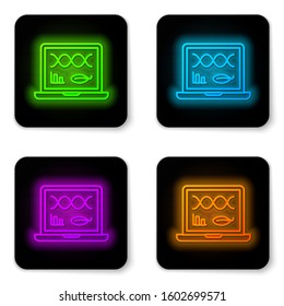 Glowing neon line Genetic engineering modification on laptop icon isolated on white background. DNA analysis, genetics testing, cloning. Black square button. Vector Illustration