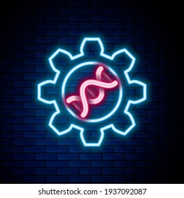 Glowing neon line Genetic engineering icon isolated on brick wall background. DNA analysis, genetics testing, cloning, paternity testing. Colorful outline concept. Vector