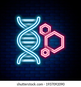 Glühende Neonline Gentechnik Ikone einzeln auf Backsteinmauern Hintergrund. DNA-Analyse, Genetik-Tests, Klonen, Vaterschaftstests. Farbiges Rahmenkonzept. Vektorgrafik