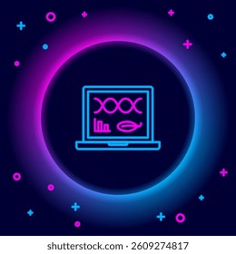 Glowing neon line Genetic engineering modification on laptop icon isolated on black background. DNA analysis, genetics testing, cloning. Colorful outline concept. Vector