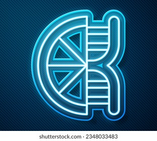 Glowing neon line Genetically modified citrus fruit icon isolated on blue background. Orange in a cut. Healthy lifestyle. GMO fruit.  Vector