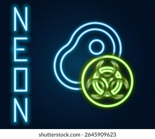 Linha de néon brilhante Ícone de carne geneticamente modificada isolado no fundo preto. Seringa injetada na carne. Conceito de contorno colorido. Vetor