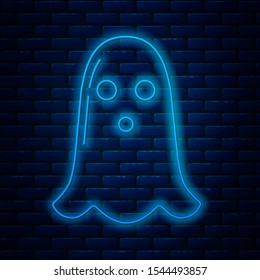 Glowing neon line Ghost icon isolated on brick wall background. Happy Halloween party.  Vector Illustration