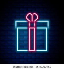 Glowing neon line Gift box and heart icon isolated on brick wall background. Valentines day. Colorful outline concept. Vector