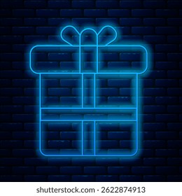 Glowing neon line Gift box icon isolated on brick wall background.  Vector Illustration