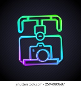 Glowing neon line Gimbal stabilizer with DSLR camera icon isolated on black background.  Vector