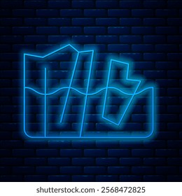 Glowing neon line Glacier melting icon isolated on brick wall background.  Vector