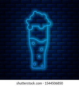 Glowing neon line Glass of beer icon isolated on brick wall background.  Vector Illustration