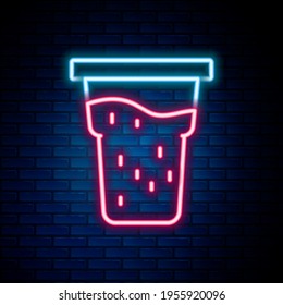 Glowing neon line Glass of beer icon isolated on brick wall background. Colorful outline concept. Vector