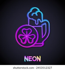 Glowing neon line Glass of beer icon isolated on black background. Happy Saint Patricks day. National Irish holiday.  Vector