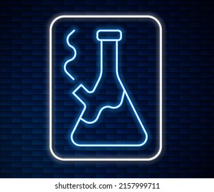 Glowing Neon Line Glass Bong For Smoking Marijuana Or Cannabis Icon Isolated On Brick Wall Background.  Vector