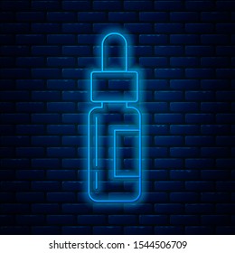 Glowing neon line Glass bottle with a pipette. Vial with a pipette inside icon isolated on brick wall background. Container for medical and cosmetic product.  Vector Illustration