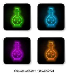 Glowing neon line Glass bottle with magic elixir icon isolated on white background. Computer game asset. Black square button. Vector Illustration