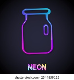 Glowing neon line Glass jar with screw-cap icon isolated on black background.  Vector