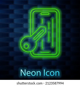 Glowing Neon Line Glass Screen Protector For Smartphone Icon Isolated On Brick Wall Background. Protective Film For Glass. Transparent Soft Glass For Mobile Phone.  Vector