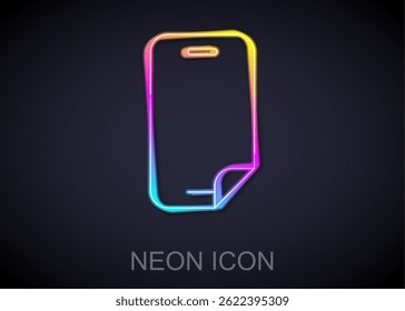 Linha de néon brilhante Protetor de tela de vidro para ícone de smartphone isolado no plano de fundo preto. Película protetora para vidro. Vidro macio transparente para telefone celular.  Vetor