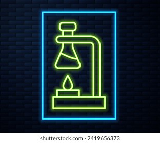 Glowing neon line Glass test tube flask on fire heater experiment icon isolated on brick wall background. Laboratory equipment.  Vector