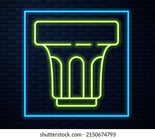Glowing neon line Glass with water icon isolated on brick wall background. Soda glass.  Vector Illustration