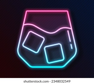 Glowing neon line Glass of whiskey and ice cubes icon isolated on black background.  Vector