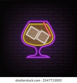 Glowing neon line Glass of whiskey and ice cubes icon isolated on black background. Vector.