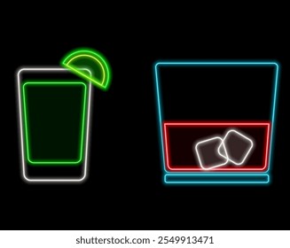 Glowing neon line Glass of whiskey and ice cubes icon isolated on black background. Vector.e