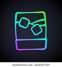 Glowing neon line Glass of whiskey with ice cubes icon isolated on black background.  Vector