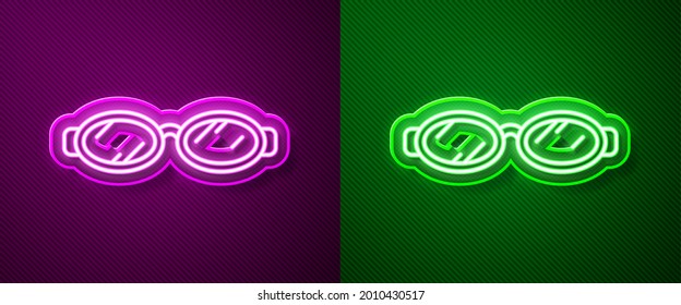 Glowing neon line Glasses for swimming icon isolated on purple and green background. Goggles sign. Diving underwater equipment.  Vector Illustration