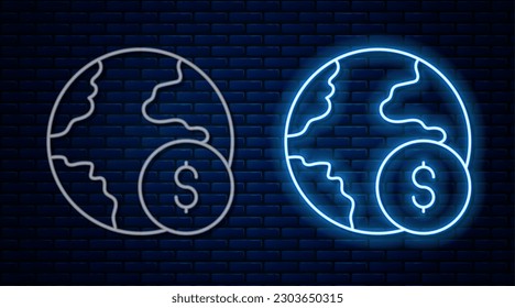 Glowing neon line Global economic crisis icon isolated on brick wall background. World finance crisis.  Vector