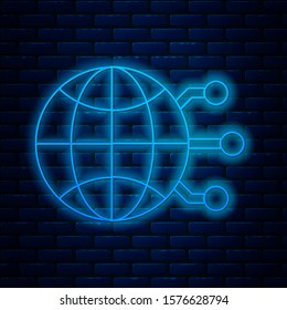 Glowing neon line Global technology or social network icon isolated on brick wall background.  Vector Illustration