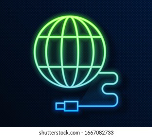 Glowing neon line Global technology or social network icon isolated on blue background.  Vector Illustration