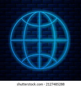 Glowing neon line Global technology or social network icon isolated on brick wall background.  Vector Illustration