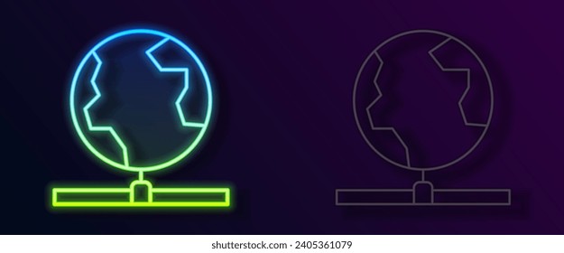 Glowing neon line Global technology or social network icon isolated on black background.  Vector