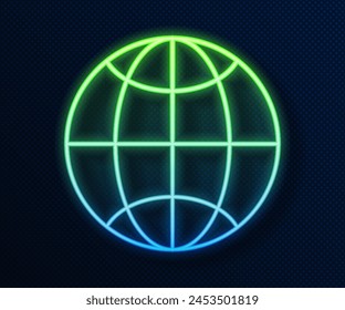 Glowing neon line Global technology or social network icon isolated on blue background.  Vector Illustration
