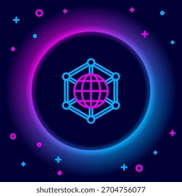 Glowing neon line Global technology or social network icon isolated on black background. Colorful outline concept. Vector