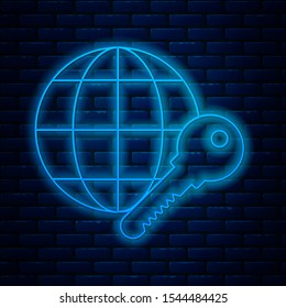 Glowing neon line Globe key icon isolated on brick wall background.  Vector Illustration