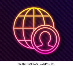 Glowing neon line Globe and people icon isolated on black background. Global business symbol. Social network icon.  Vector