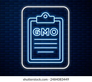 Glowing neon line GMO icon isolated on brick wall background. Genetically modified organism acronym. Dna food modification.  Vector