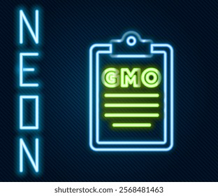 Glowing neon line GMO icon isolated on black background. Genetically modified organism acronym. Dna food modification. Colorful outline concept. Vector